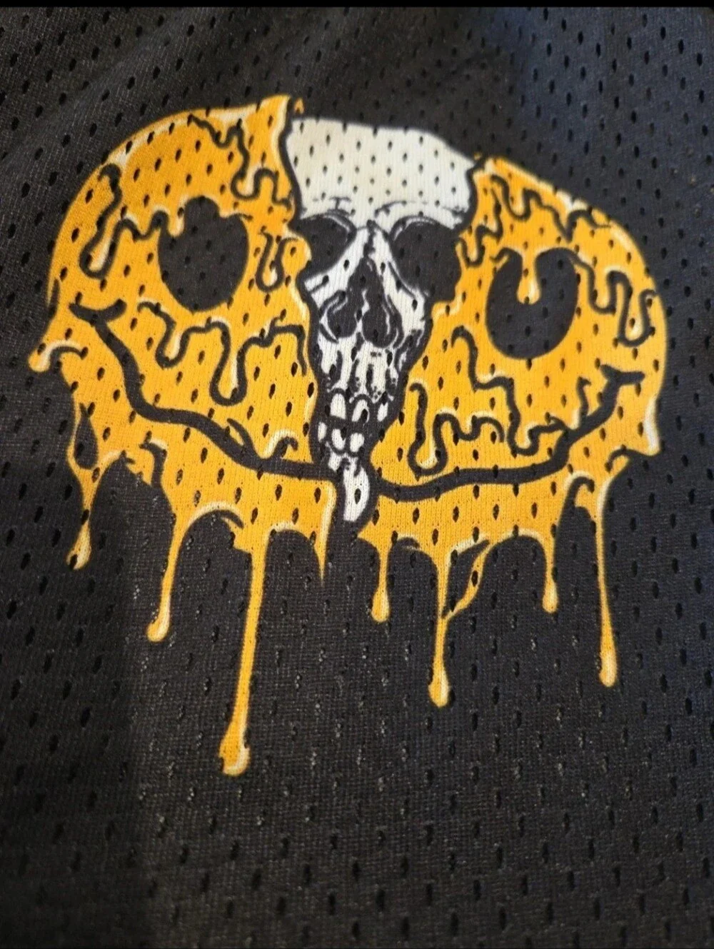 Mens Black Mesh Shorts with Yellow Drip Skull Print XL